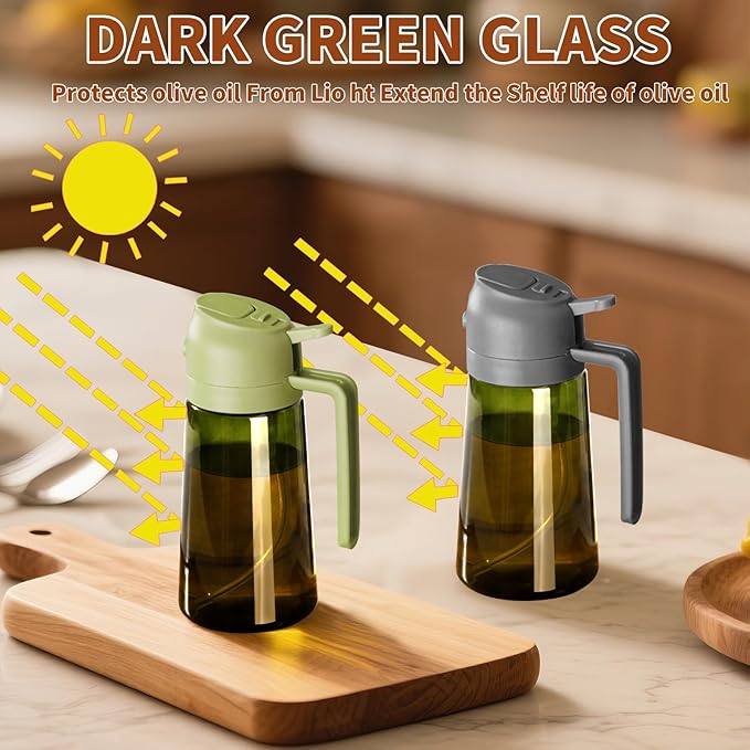 2PCS Olive Oil Dispenser and Oil Sprayer – 16oz/470ml Glass Light-Proof Oil Pourer for Kitchen Air Fryer, Cooking, Salad, and BBQ, with Stickers