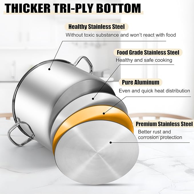 TeamFar 16QT Stock Pot, Stainless Steel Stockpot Large Induction Cooking Pot with Lid & Tri-ply Bottom, for Soup Seafood Cooking, Sauce Canning, Non Toxic & Heavy Duty, Various Stovetops Suitable