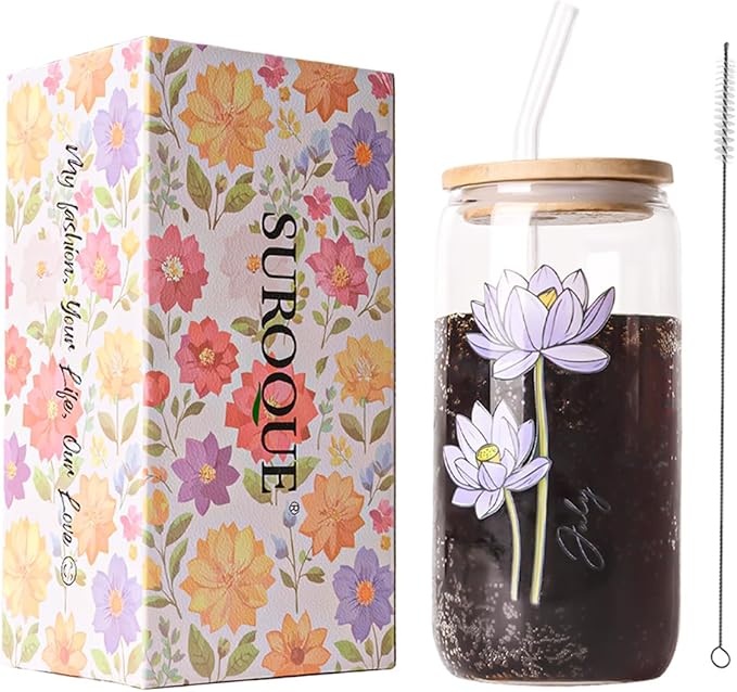 Birth Month Flower Iced Coffee Glass Cup 16oz Custom Tumbler Birthday Gifts Personalized Gifts for Women, Teachers, Bridesmaids, Birthdays, Mom, Valentines