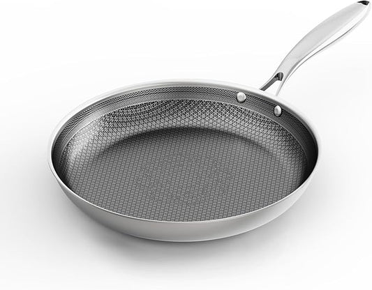 COOKER KING 12-Inch Stainless Steel Pan, Hybrid Nonstick Frying Pan, Skillet, 3-Ply Clad Cookware, Even Heat Distribution, Dishwasher & Oven Safe, with Stay-Cool Handle, Induction Compatible