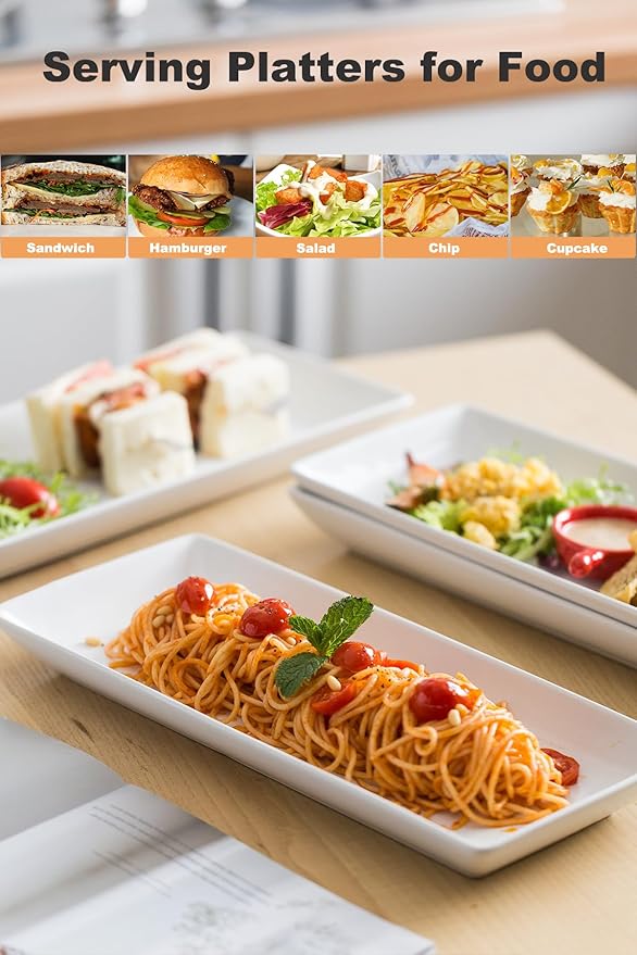 Serving Platters and Tray White Serving Dishes for Entertaining 14-inch Large Rectangle Plates for Easter, Mother's Day, Porcelain Serving Trays for Steak, Taco, Sushi, Appetizer, Party, Set of 4