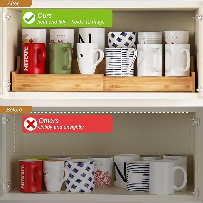 2-Tier Expandable Bamboo Coffee Mug Holder, Mug Organizer for Kitchen Cabinets, Mug Cup Rack, Multi-Functional Cup Holder Shelf, Coffee Bar Organizer, Home