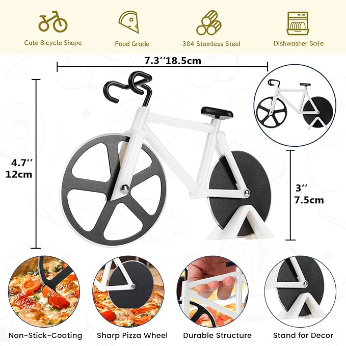 Bicycle Pizza Cutter Wheel - Gifts for Cyclists, Men, Dad, Bike Lovers - Funny Kitchen Gadgets - Cool Father’s Day, Christmas, Birthday, White Elephant Gifts - Stainless Steel Pizza Slicer(White)