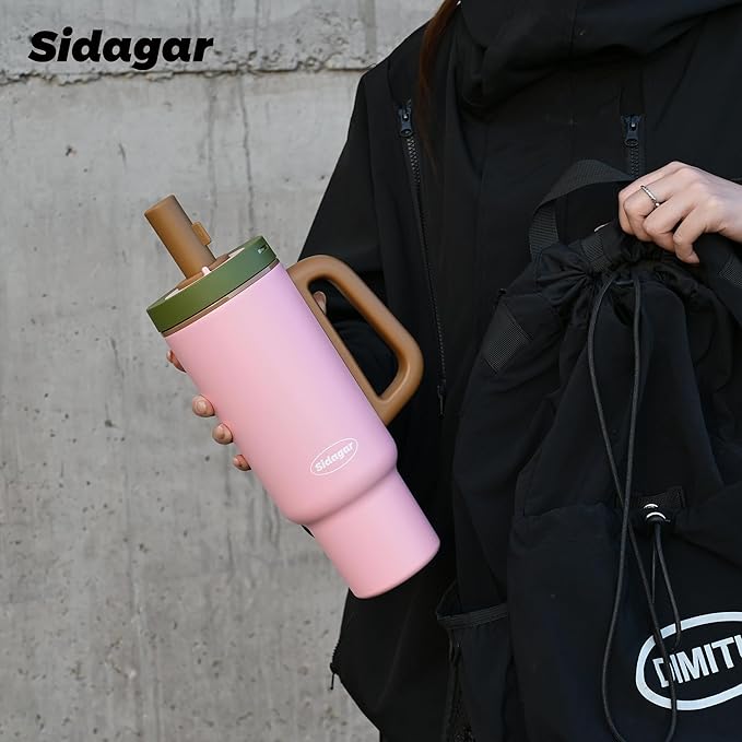 Tumbler with Handle,36 oz Ceramic Lined Travel Mug Water Bottle with Straw,Vacuum Insulated Stainless Steel Cup with Lid,Fits Cup Holder, Leak Resistant Press-in Lid,Pink