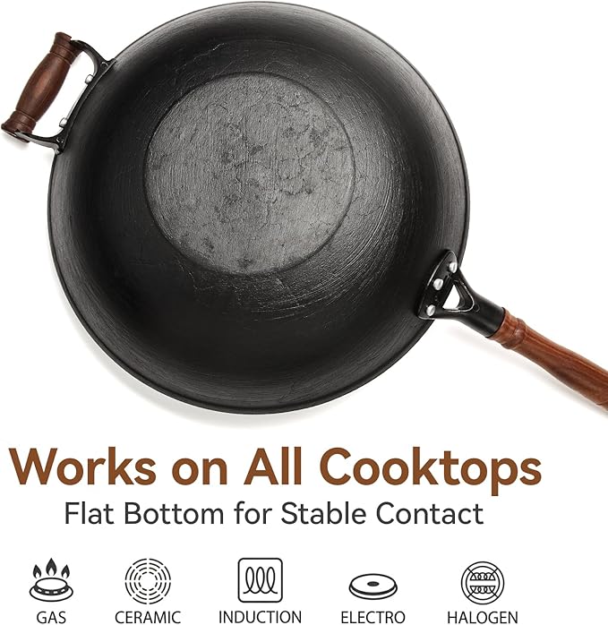 WANGYUANJI Cast Iron Wok Pan with Lid, 14.2 Inch Flat Bottom Uncoated Stir Fry Skillet, Large Heavy Duty Chinese Iron Pot for Family Cooking, Induction & Gas Safe