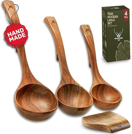 4Pcs Wooden Ladle Set – Teak Wood Soup Spoons with Hook Handles for Cooking, Serving, Stirring – Non-Stick Wooden Spoons for Pot & Bowl Use
