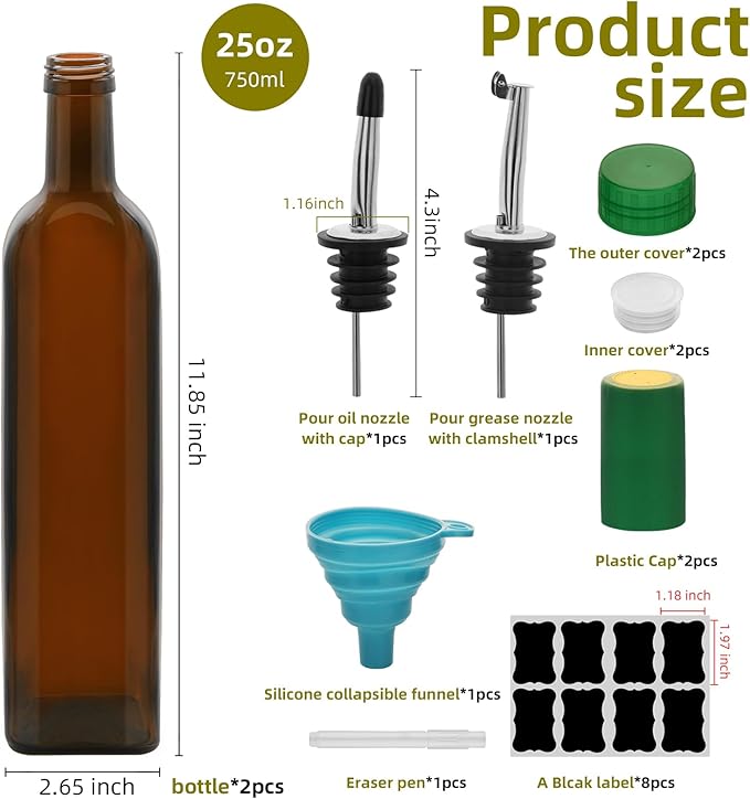 2Pcs 25 oz Olive Oil Dispenser Bottle,750 ml Glass Oil and Vinegar Dispenser Set with Pourers and Funnel ，Oil Bottles for Kitchen Large capacity oil bottles (Brown 2pcs)