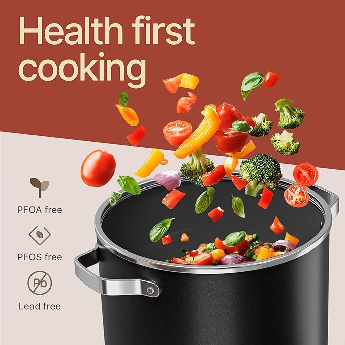 Bakken 8.5 Quart Ceramic Coated Stock Pot with Lid, Easy Clean Nonstick Pot, Tempered Glass Lid, Riveted Stainless Steel Handles, Oven Safe Up To 500°F, PTFE & PFAS Free, All Stove Compatible, Black