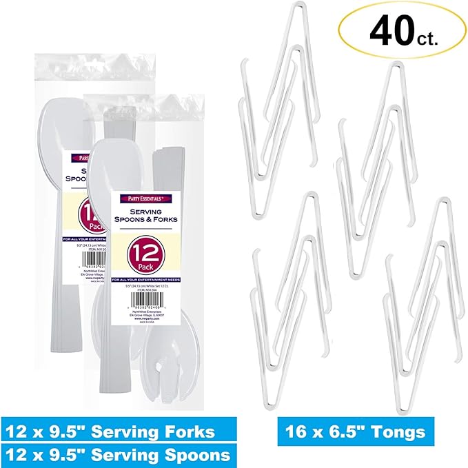 Party Essentials Plastic Party Buffet Serving Utensils Kit, Spoons/Forks/Tongs, 40-Piece, White