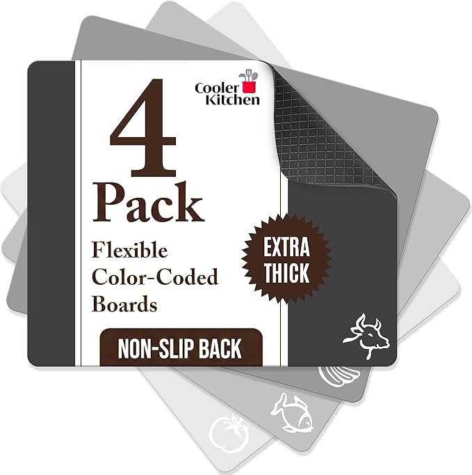 Cooler Kitchen Extra Thick Flexible Cutting Mat Set With Food Icons & EZ-Grip Back (Set Of 4 Mats) - Flexible Cutting Boards for Kitchen - Flexible Plastic Cutting Board Set (Black and White)...