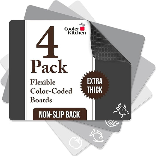 Cooler Kitchen Extra Thick Flexible Cutting Mat Set With Food Icons & EZ-Grip Back (Set Of 4 Mats) - Flexible Cutting Boards for Kitchen - Flexible Plastic Cutting Board Set (Black and White)...