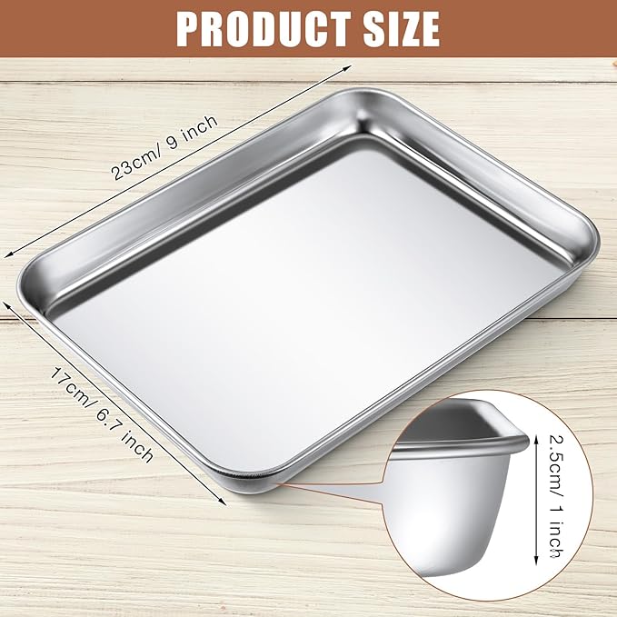 18 Pcs Baking Sheet Pan Set Stainless Steel Cookie Sheet Small Toaster Oven Pans Tray Barbecue Grill Pan Rectangle Trays Oven Freezer Bakery, Non-stick, Easy Clean, 9 x 6.7 x 1 Inches
