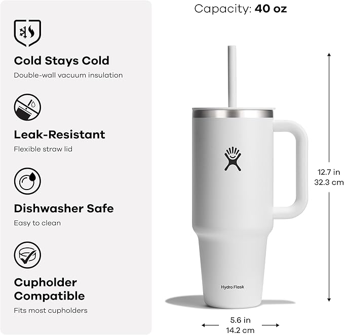 Hydro Flask Travel Tumbler with Handle, Lid and Straw - Insulated Stainless Steel in 40 Oz Black