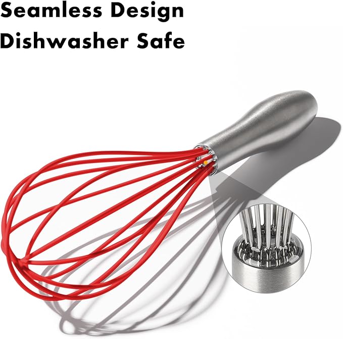 10-Inch Red Silicone Whisk, Heat Resistant 480°F Kitchen Whisk with Stainless Steel Ergonomic Handle, Non-Scratch for Nonstick Cookware, Dishwasher Safe, Perfect for Blending, Cooking & Beating