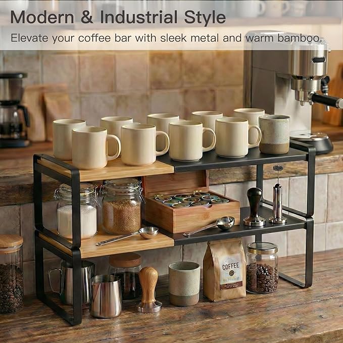 Expandable Kitchen Counter Shelf Organizer, Black Coffee Bar Accessories & Station Decor, Industrial Cabinet Riser with [Secure Interlocking Design], Heavy Duty Metal Rack for Mugs (Bamboo/Black)