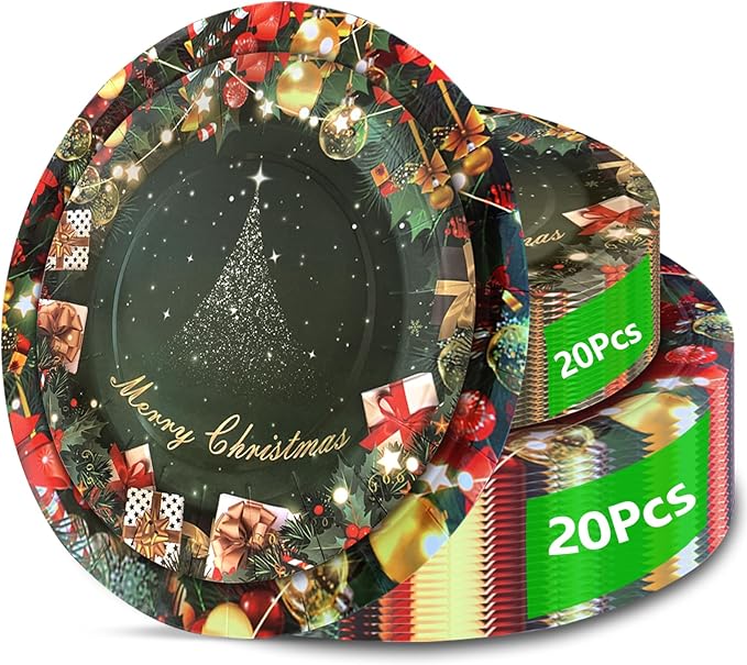 Christmas Paper Plates, 40pcs Party Paper Plate Set Disposable Christma Party Food Dinner Dessert Plates Tableware Decorations Favors, Including 20pcs 9" and 20pcs 7" for Christmas Plate