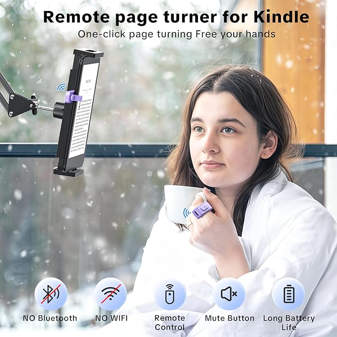 Remote Page Turner Ring for Kindle Paperwhite Oasis Scribe Kobo,Designed for Thick Cases Clicker Page Turner Camera Remote for iPhone iPad Android Tablets Reading Novels Comics with Storage Bag-Purple