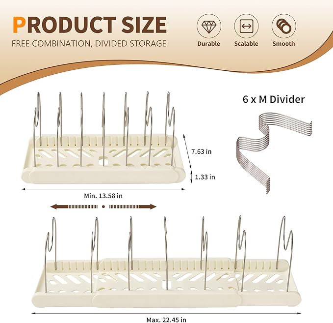 Expandable Pot and Pan Organizers Rack, Stainless Steel Adjustable Dividers, Pot Lid Holder, Kitchen Cabinet Organizer and Storage, 12'-23.2' Wide (GJ02-2)