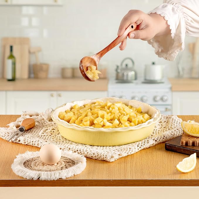 Ceramic Pie Pan for Baking 10 inch, Pie dish for Quiche, Apple Pie, Pot Pies, Deep dish pie plate with ruffled edges, Non-stick Cake Pan, Microwave,Dishwasher,and Oven Safe, Butter Yellow