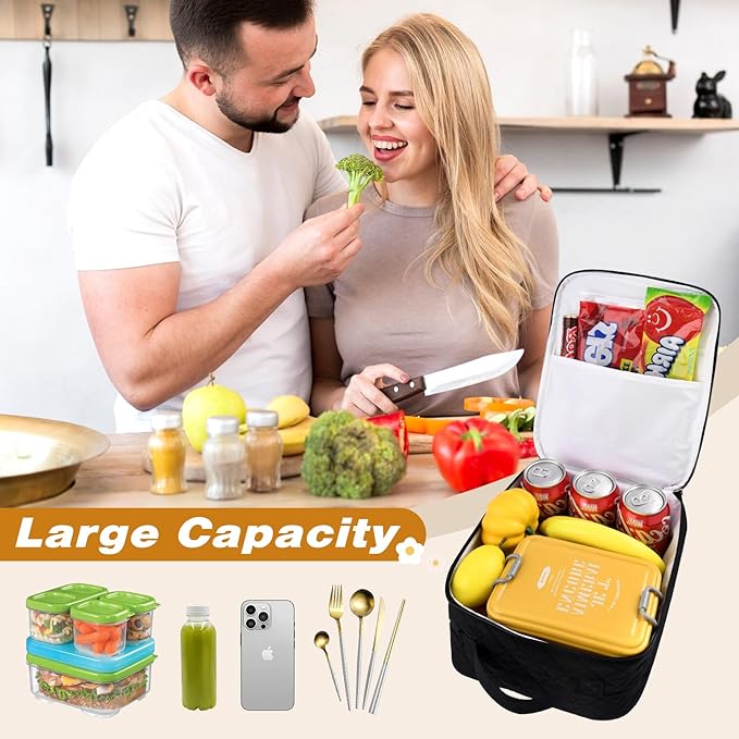 Aileam Lunch Box for Women Black Lunch Bag Quilted Reusable Insulated Cute Lunch Box Aesthetic Tote Bags Floral Cotton Lunch Case for Travel Work Picnic (Black)