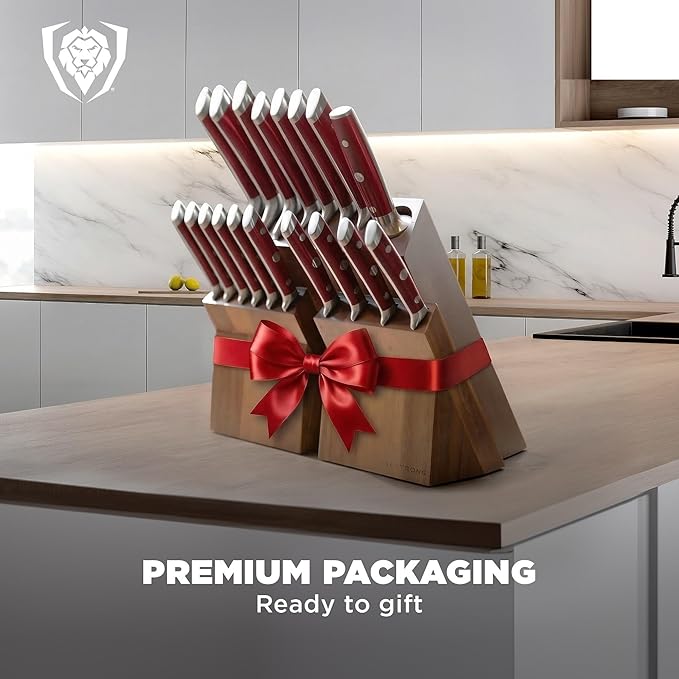 Dalstrong 18-Piece Kitchen Knife Set Block - High Carbon German Steel Full Tang - Acacia Wood Knife Block Set - Red Handles ABS Gladiator Series - Professional NSF Knives set for Kitchen Cuchillos