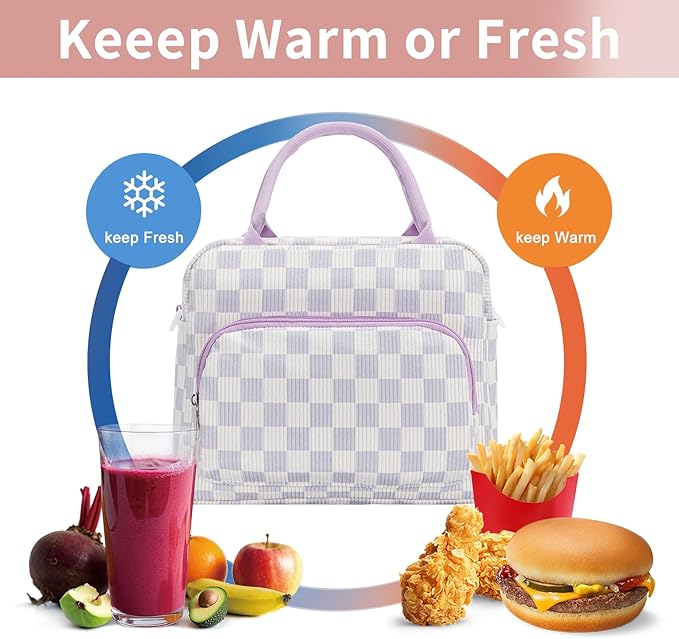 Lunch Box for Women Insulated Lunch Bag Women Adult Cute Lunch Bags Reusable Lunchbox Cooler Tote Bag for Work Picnic (Purple Plaid)