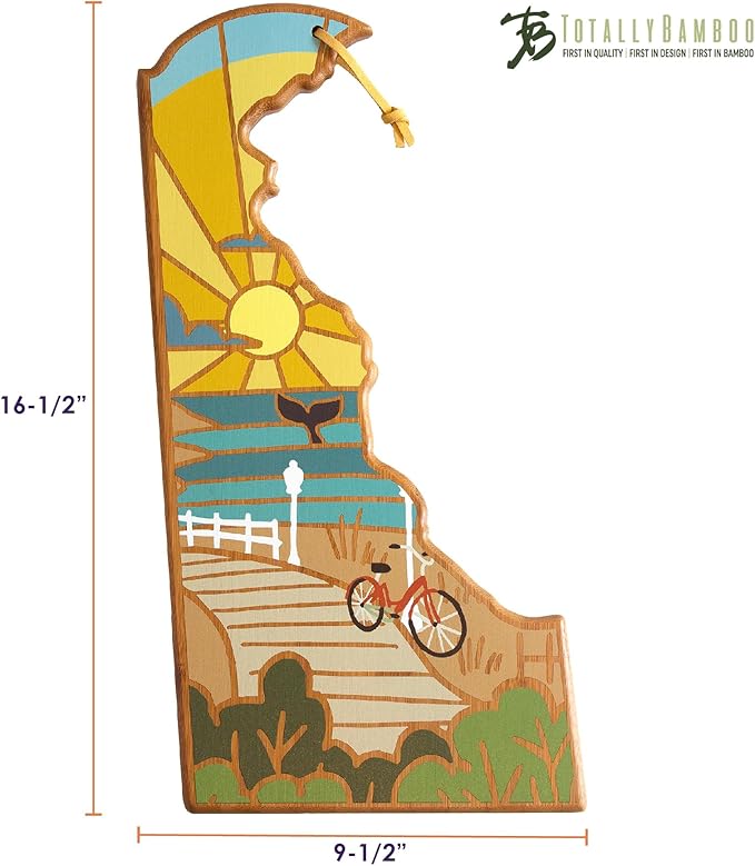 Totally Bamboo Delaware State Shaped Cutting Board and Charcuterie Serving Platter with Artwork by Summer Stokes, Includes Hang Tie for Wall Display