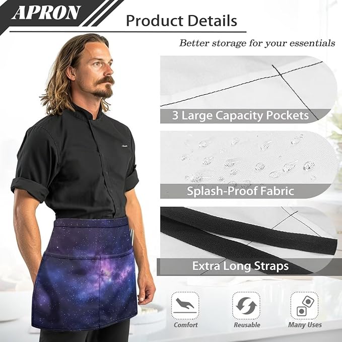 Server Waitress Waist Apron with 3 Pockets, Short Aprons for Servers,Waiter Apron For Waiter Accessories