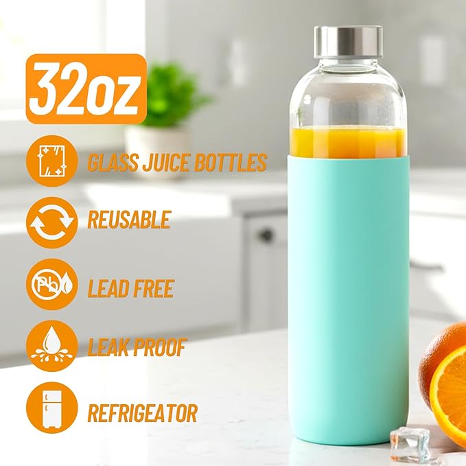 32 oz Glass Juice Bottles with Lids and Silicone Sleeve, Reusable Refillable Water Bottles for Juicing, Refrigerator,100% Leak Proof, BPA Free, Clear Glass Set of 3