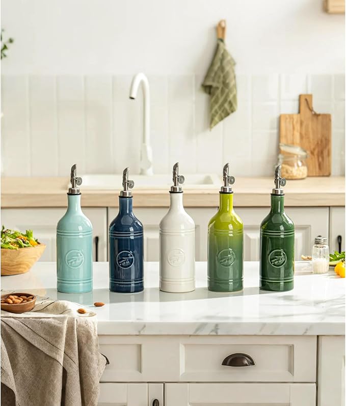 Olive Oil Dispenser Bottle with Spout, 18 oz Ceramic Oil Dispensers for Kitchen, Opaque Cruet, EVOO & Vinegar Bottle with Automatic Stainless Steel Pourer, Pack of 1, Jade Green