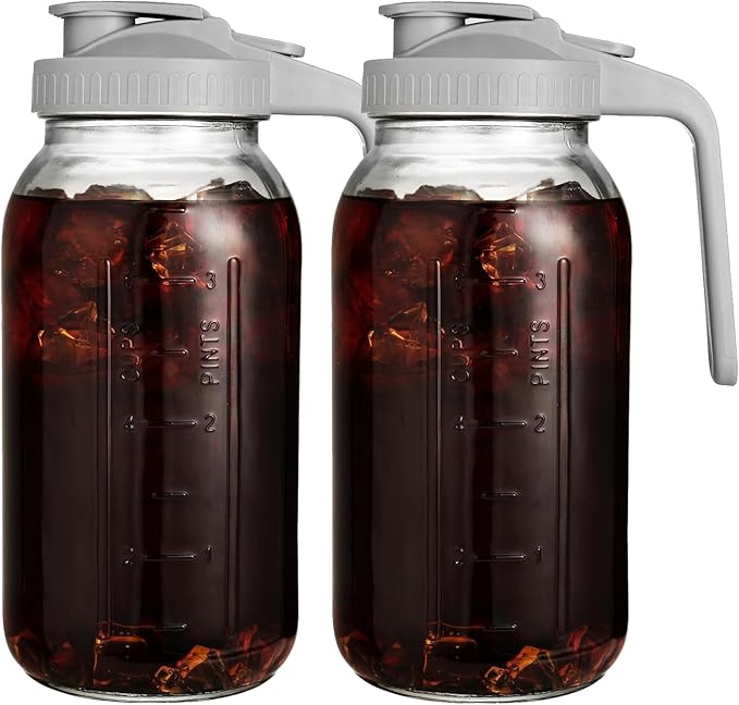 2 Pack 64 oz Glass Pitcher with Lid for Fridge, Half Gallon Pitcher with Lid, Leak Proof, Wide Mouth, 1/2 Gallon Glass Juice Jug for Ice Tea and Coffee (Gray)