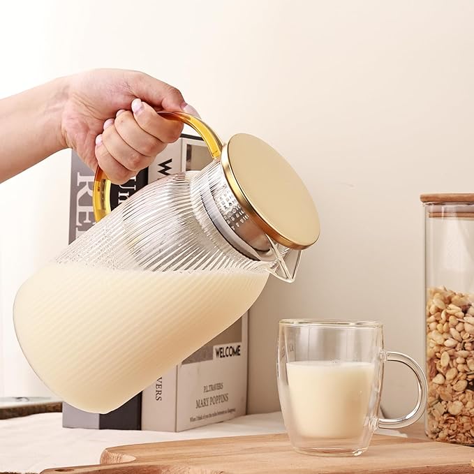 Ribbed Glass Pitcher With Lid and Spout, Glass Water Jugs With Handle, Water Carafe for Hot and Cold Beverage, Brew, Iced Tea, lemonade, Juice, Coffee, Milk, 1.4 Liter 47 Ounce, Borosilicate