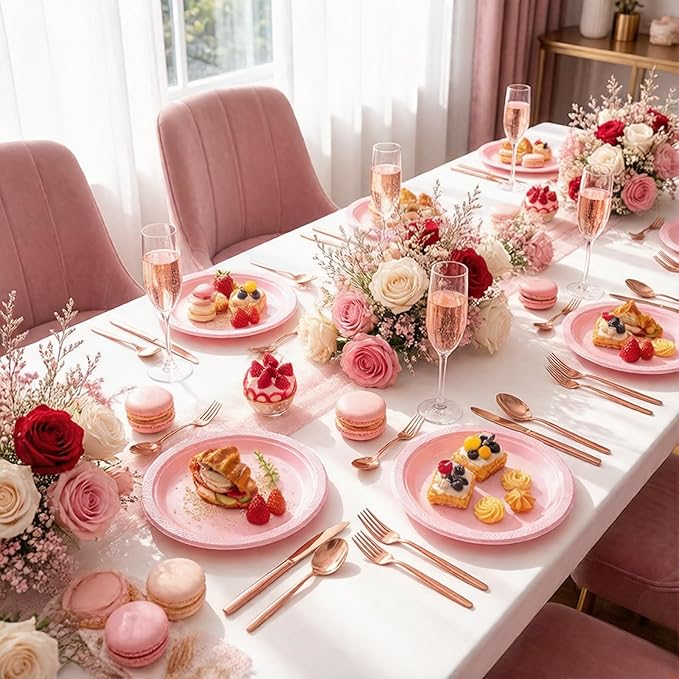 WELLIFE Pink Plastic Plates 9 Inch -150 Count for Party, Disposable Plastic Party Plates for Valentine's Day Easter Mother's Day Baby Shower Dinner Dessert Cake Light Pink