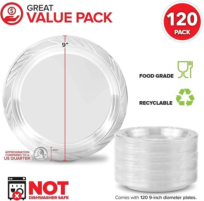 Stock Your Home 120-Count, 9 Inch Clear Plastic Plates, Flexible, Disposable Heavy Duty Party Dinner Plate, for Wedding Reception, Holiday Parties, Mains, Sides, Salad, and Dessert, Large Size