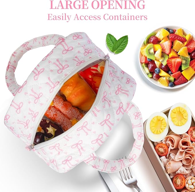 Quilted Lunch Box for Women,Coquette Aesthetic Lunch Box for Teen Girls,Cute Floral Lunch Bags for Work, School,Office,Picnic,Travel (pink bow heart)