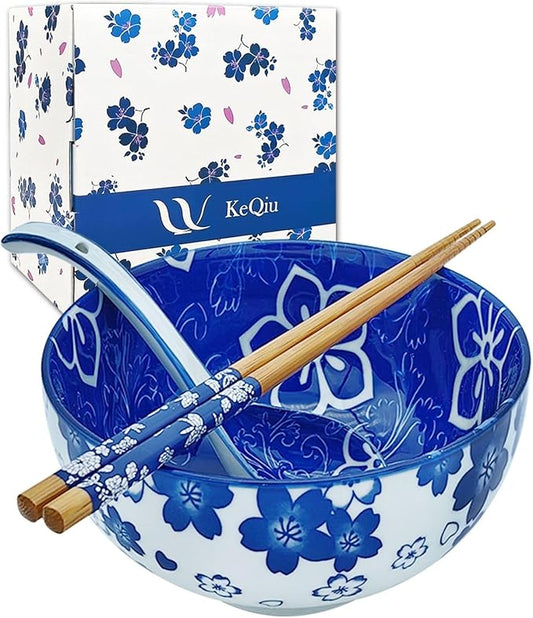 28 Oz Ceramic Ramen Noodle Pho Bowl Set with Chopsticks and Spoon Microwave & Dishwasher Safe, Japanese Style, Ideal Gift for Ramen Lovers & Solo Dining