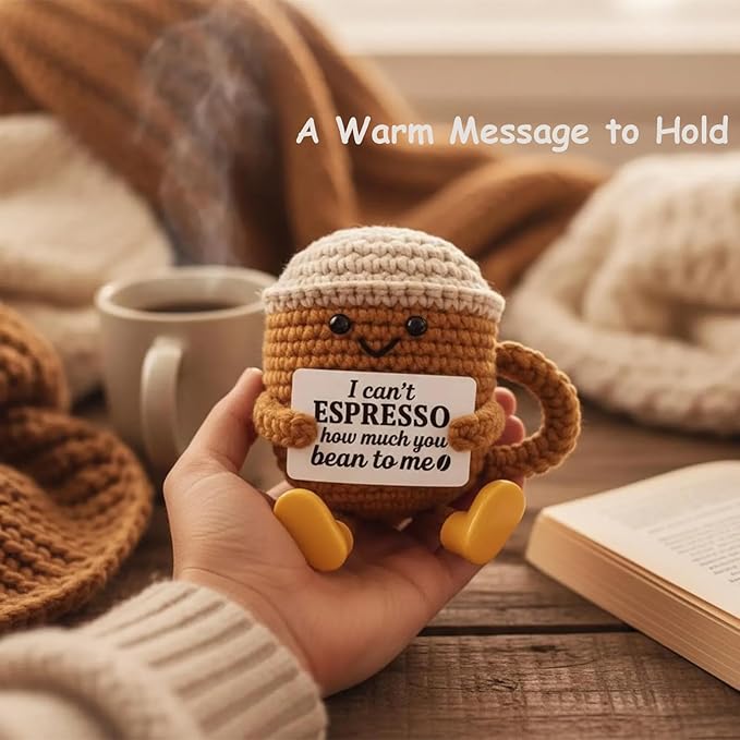 Coffee Lovers Cute Birthday Gifts for Women Men Positive Crochet Espresso Coffee Cup Desk Decor–Funny Emotional Gift for Best Friends Girlfriend Wife Husband Coworkers Thank You Valentins