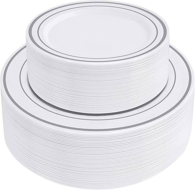 SETUP 100-Piece Silver Trim Plastic Dinnerware Set – 50 10.25" Dinner & 50 7.5" Salad Plates – Heavy-Duty Disposable for Weddings, Catering, Parties