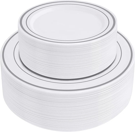 SETUP 100-Piece Silver Trim Plastic Dinnerware Set – 50 10.25" Dinner & 50 7.5" Salad Plates – Heavy-Duty Disposable for Weddings, Catering, Parties