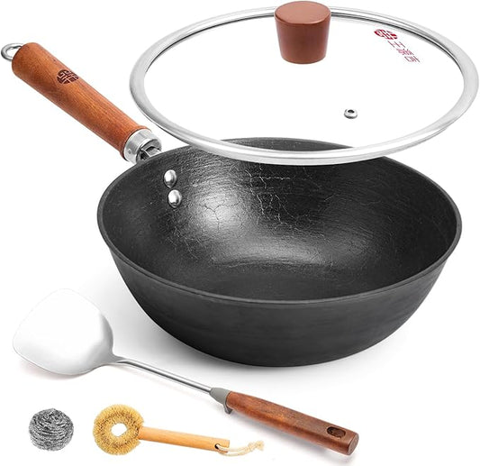 WANGYUANJI Cast Iron Wok Pan with Lid, 10.2 Inch Small Flat Bottom Stir Fry Skillet, Uncoated Traditional Chinese Iron Pot for 1-2 People, Compatible with Induction & Gas Stoves