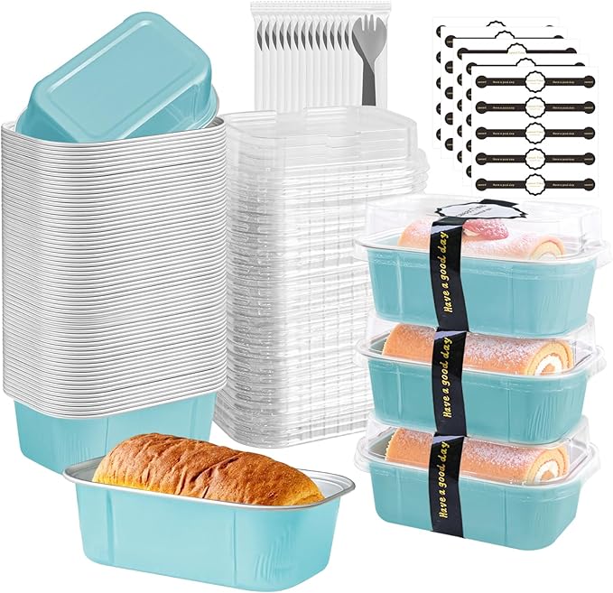 Mini Cake Pans With Lids And Spoons,5.5 oz Rectangle Mini individual Loaf Pans Disposable Aluminum Foil Small Baking Cups Tins (100, Wathet)