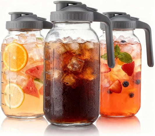 3 Pack 64oz Mason Jar Pitcher with Lid – Wide Mouth, Leakproof Glass Water Jug, Breast Milk Pitcher for Juice, Milk, Tea, Cold Brew Coffee（3 gary）