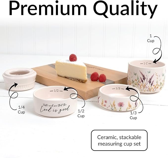 Pavilion Gift Company - The Lord - 6-inch Stackable Ceramic Kitchen Measuring Cup - ¼, ⅓, ½, 1 Cup, Rustic, Kitchen Summer Decor, Mason Jar Measuring Cup, 1 Count, Cream