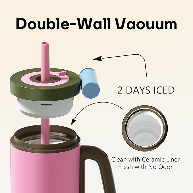Tumbler with Handle,36 oz Ceramic Lined Travel Mug Water Bottle with Straw,Vacuum Insulated Stainless Steel Cup with Lid,Fits Cup Holder, Leak Resistant Press-in Lid,Pink