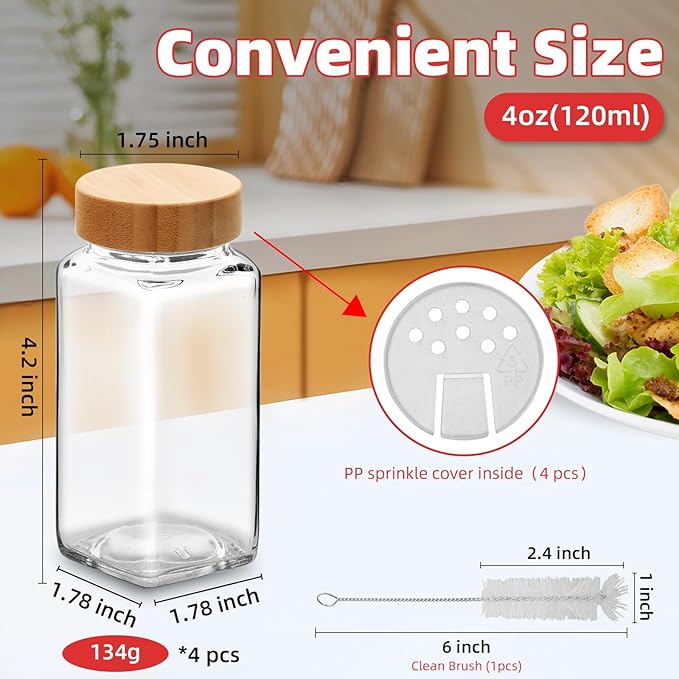 4Pcs 4oz Glass Spice Jars with Shaker Lids, Spice Jars Trial Set & Supplement Set, Empty Spice Containers and Square Spice Bottles for Kitchen (Bamboo Lids)