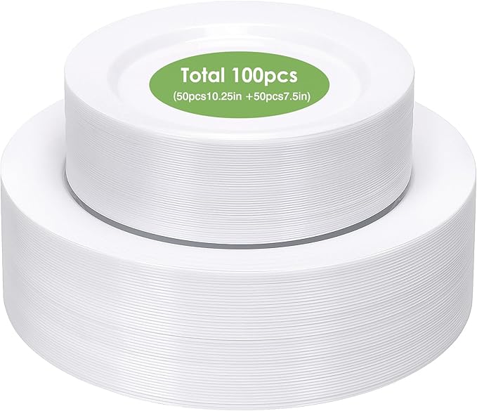 Moretoes 100PCS White Plastic Plates Disposable 10.25inch Dinner Plates and 7.5inch Dessert Salad Plates Heavy Duty Plates for Wedding Party and Birthday