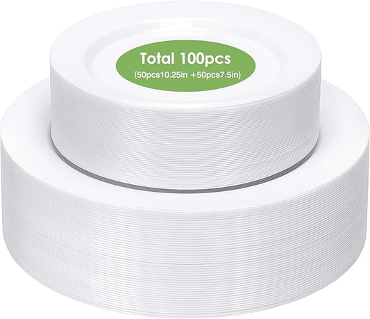 Moretoes 100PCS White Plastic Plates Disposable 10.25inch Dinner Plates and 7.5inch Dessert Salad Plates Heavy Duty Plates for Wedding Party and Birthday