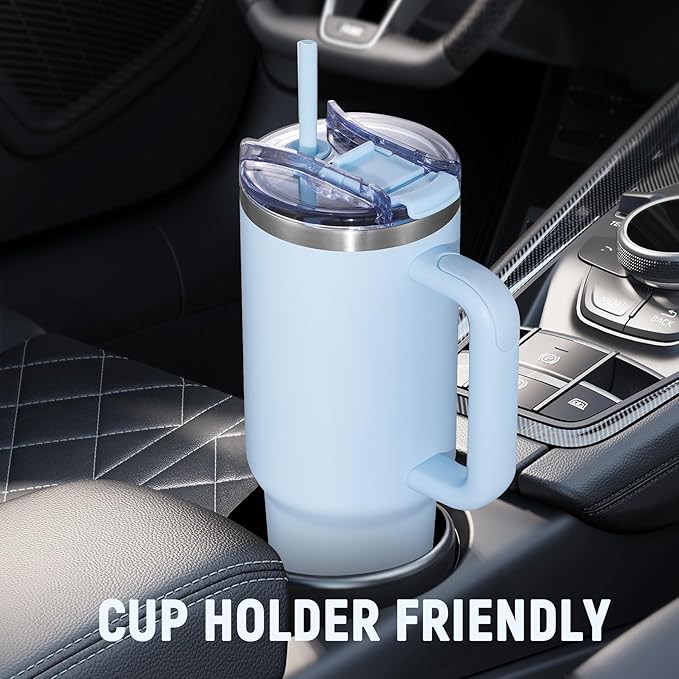 COKTIK 40 oz Tumbler With Handle and Straw, Insulated Tumbler With Leakproof Lids, Stainless Steel|BPA-Free, Cold for 24 H (Silent Sky)