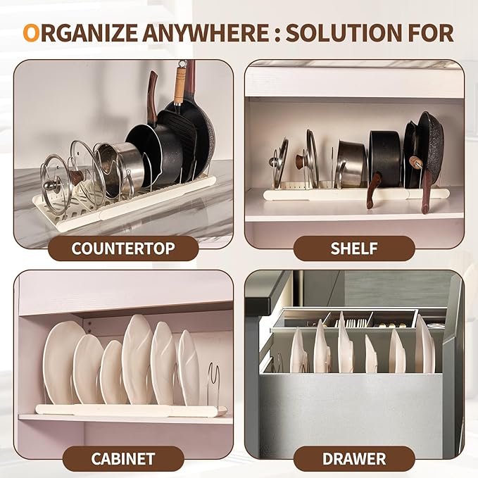 Expandable Pot and Pan Organizers Rack, Stainless Steel Adjustable Dividers, Pot Lid Holder, Kitchen Cabinet Organizer and Storage, 12'-23.2' Wide (GJ02-2)