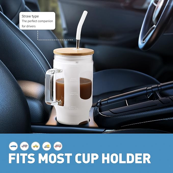 Glass Tumbler with Straw and Lid, 32 oz Glass Cup with Handle, Glass Water Bottles with Time Marker, Silicone Protective Sleeve - White